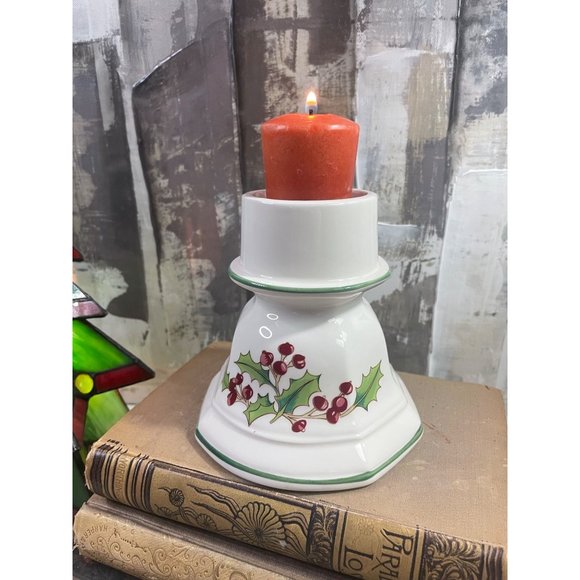 White Christmas Ceramic Holly Berry Votive Pillar Candle Holder Japan - Picture 2 of 12